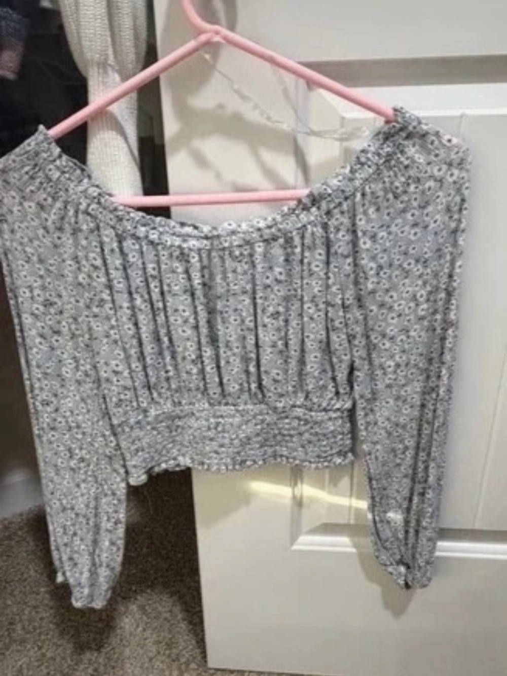 Aeropostale Gray Floral Smocked Off-Shoulder Crop Top
